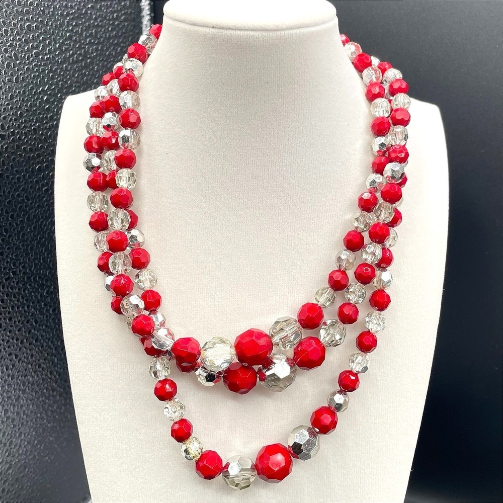 Vintage Red Clear Glass Faceted Beaded Classic Multi-Strand Collar Necklace Y2K